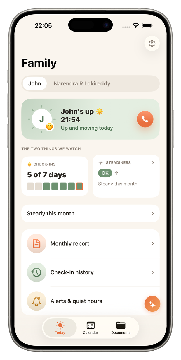 Eldear on iPhone showing a parent has checked in
